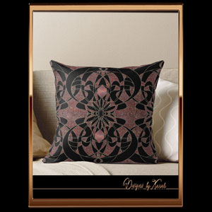 Artdeco style throwpillow in dusky rose with black vintage Art Nouveau style - decorative ornamental pillow. Abstract and playful antique pattern Jugendstil design cushion cover - Belle Epoque glamour accessories, retro home decor,  classy decorative nostalgic vintagestyle tribal tattoo gifts.